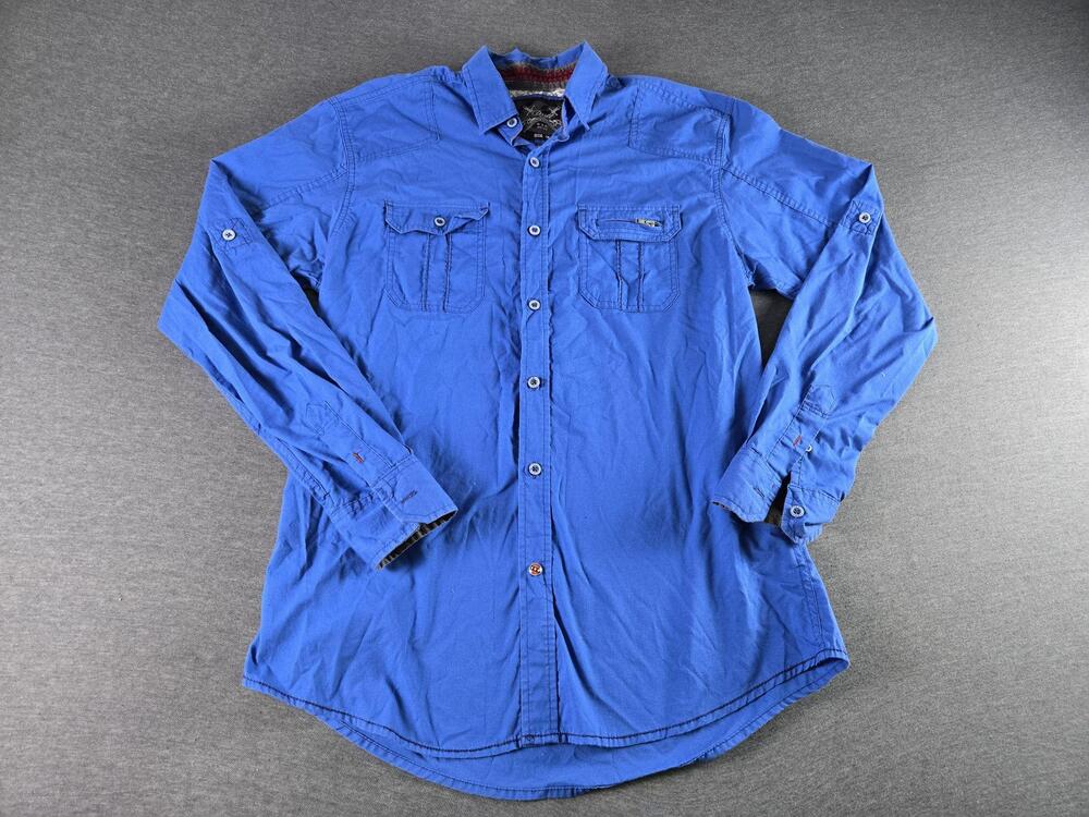 Drill Shirt Mens Medium Blue Solid Long Sleeve Button Up Casual Zipper Pockets